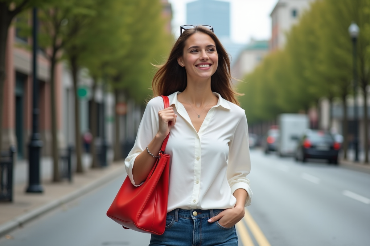 Jeune femme avec sac rouge dans une rue urbaine