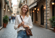 Différence sac bandoulière : sac à bandoulière, explication et usage Femme ajustant son sac croisé dans une rue piétonne animée