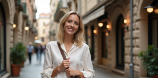 Femme ajustant son sac croisé dans une rue piétonne animée