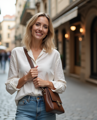 Femme ajustant son sac croisé dans une rue piétonne animée