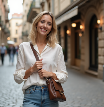 Différence sac bandoulière : sac à bandoulière, explication et usage Femme ajustant son sac croisé dans une rue piétonne animée