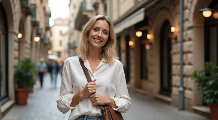 Femme ajustant son sac croisé dans une rue piétonne animée
