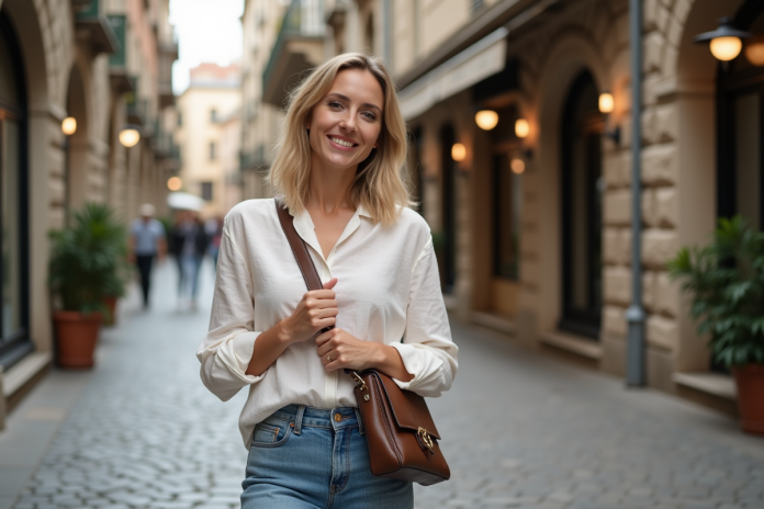 femme-voyage-urbain-sac Femme ajustant son sac croisé dans une rue piétonne animée