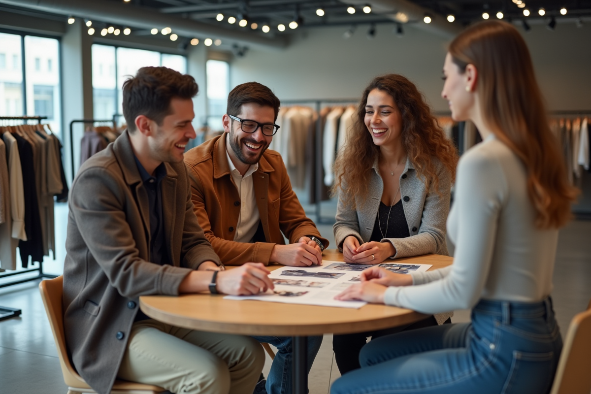 Groupe de jeunes adultes discutant mode dans un showroom moderne