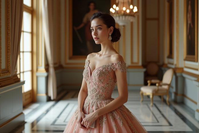 haute-couture-femme-elegante Femme élégante en robe de haute couture dans un salon historique