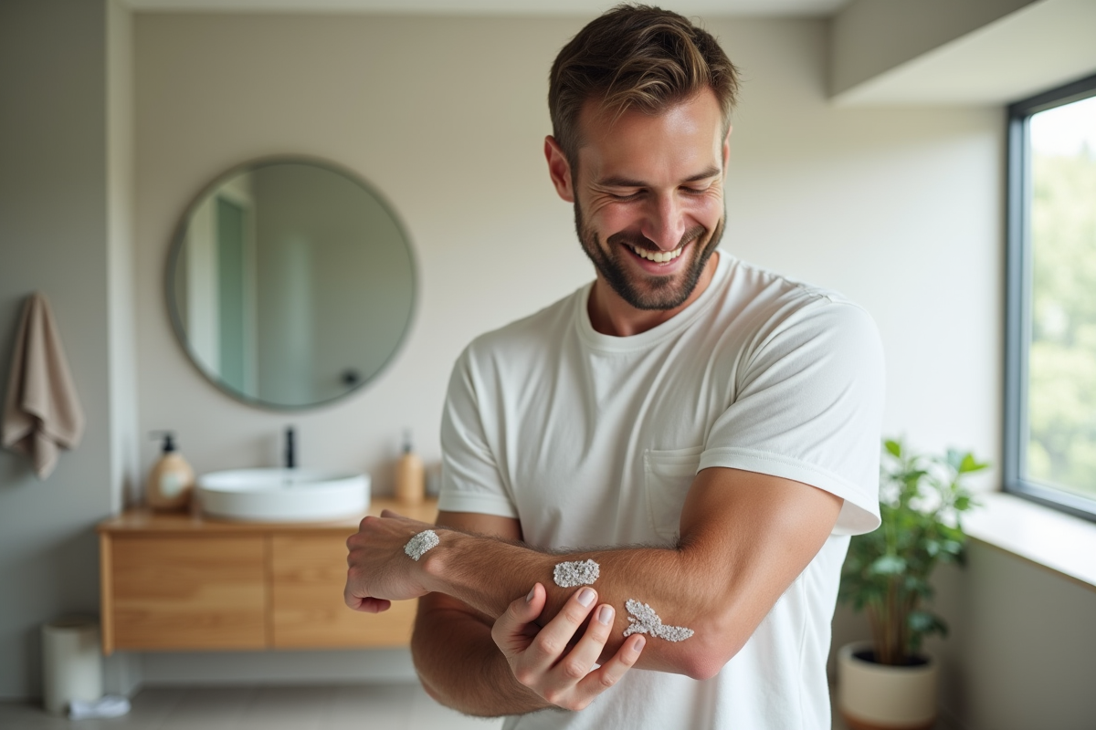 Homme appliquant un gommage naturel dans la salle de bain