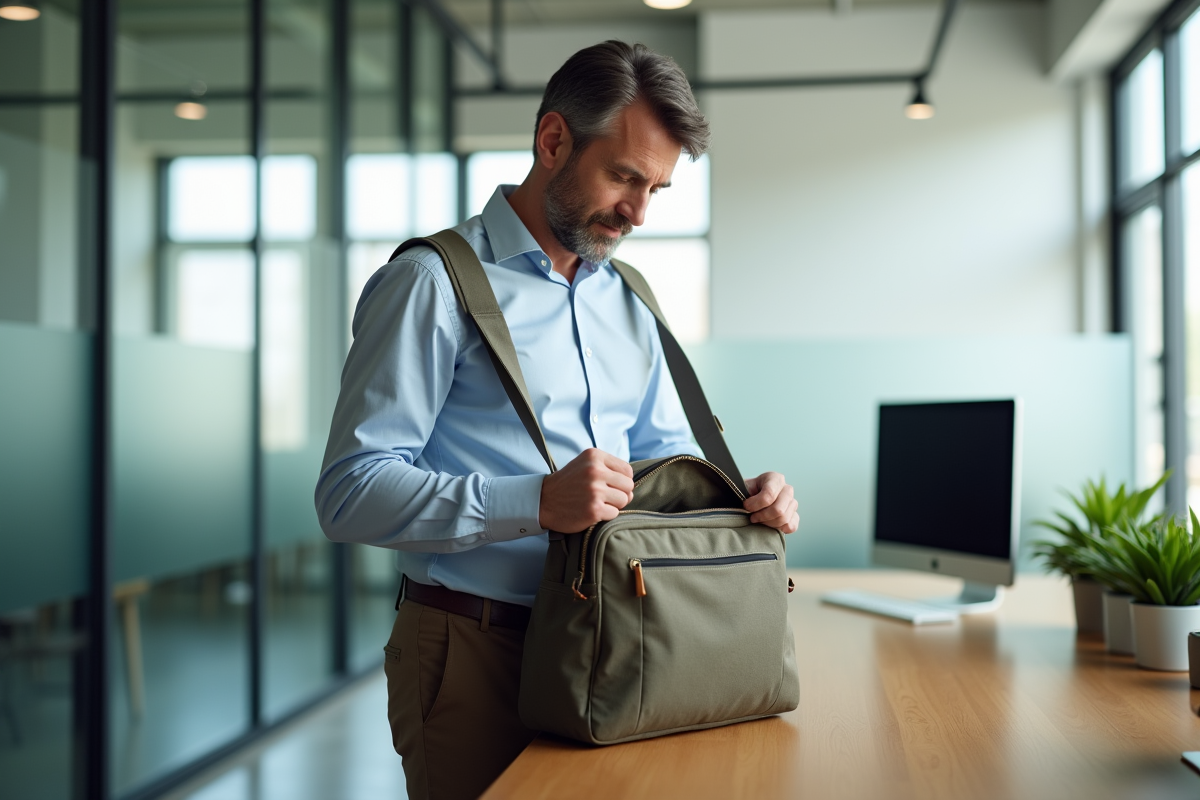 Homme utilisant un sac à épaule dans un bureau moderne