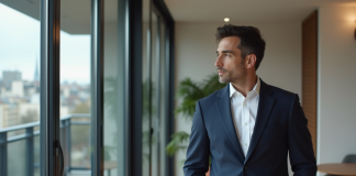 Homme élégant en costume à Paris dans un appartement moderne