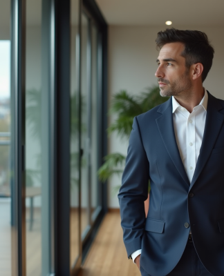 Homme élégant en costume à Paris dans un appartement moderne