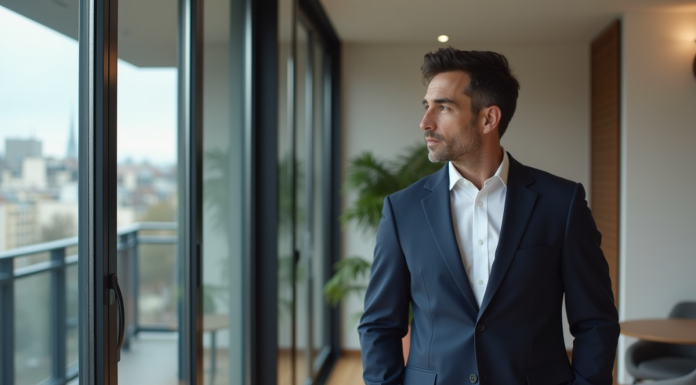 Homme élégant en costume à Paris dans un appartement moderne