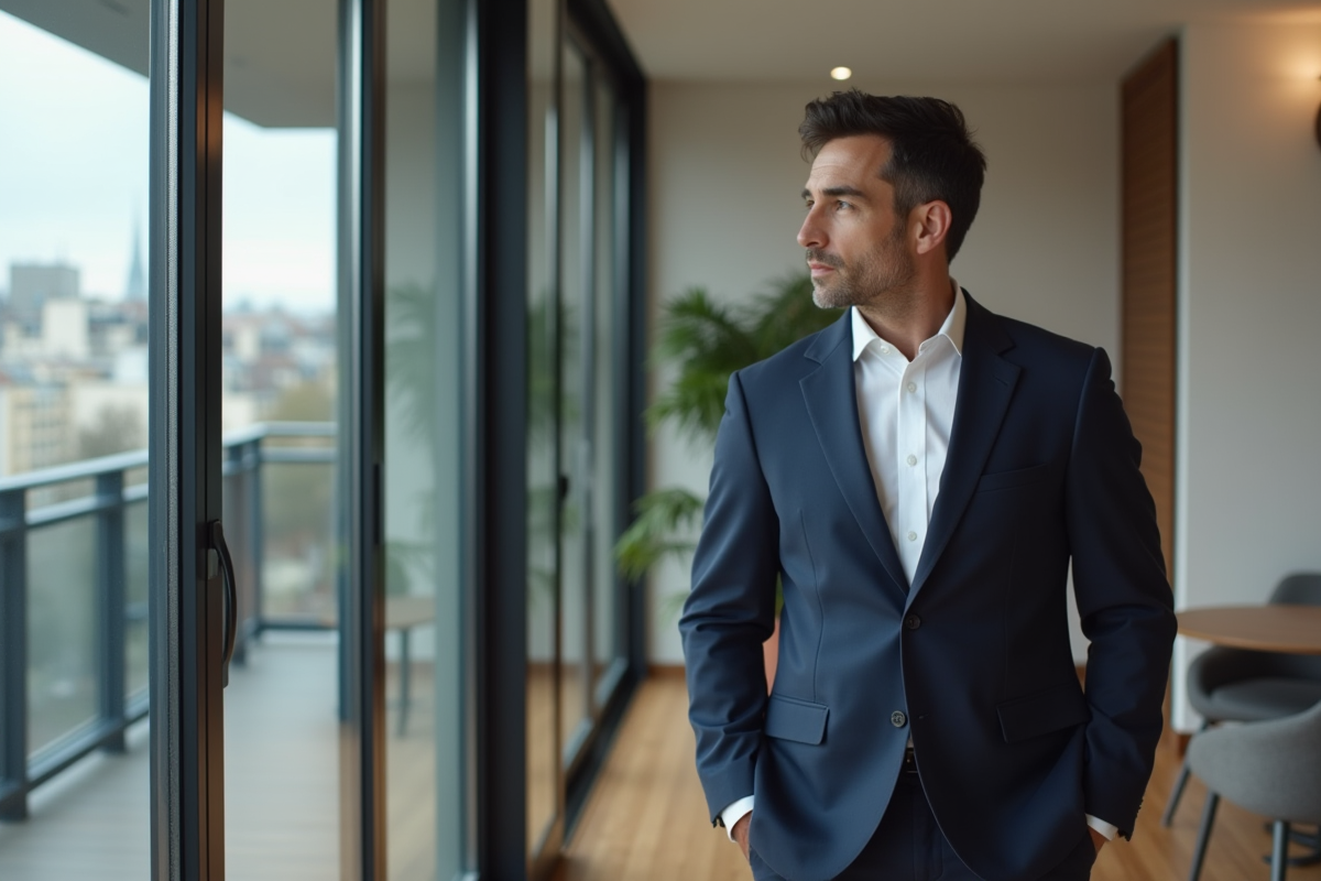 Homme élégant en costume à Paris dans un appartement moderne