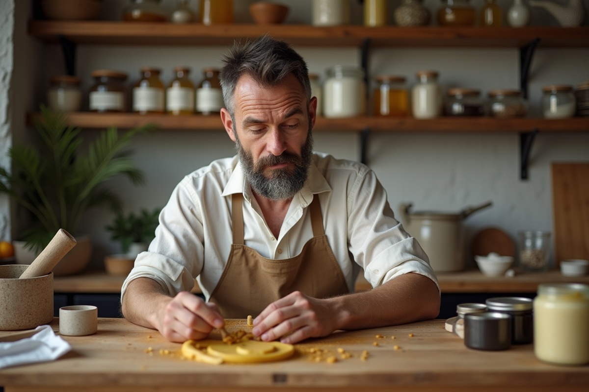 Homme mélangeant beurres et huiles dans un atelier maison