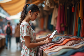 Jeune femme inspectant des échantillons de tissu en marché textile