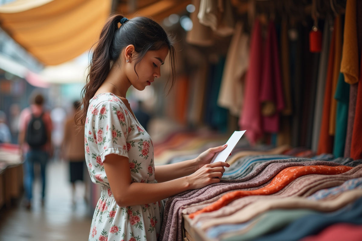 Jeune femme inspectant des échantillons de tissu en marché textile