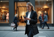 Jeune femme élégante dans la rue avec une veste de designer