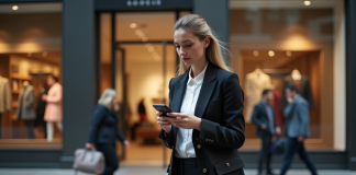 Jeune femme élégante dans la rue avec une veste de designer