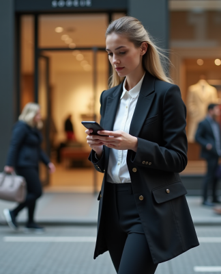 Jeune femme élégante dans la rue avec une veste de designer