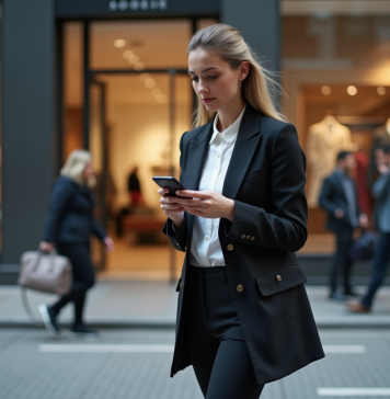Jeune femme élégante dans la rue avec une veste de designer