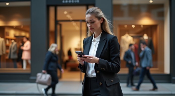 Jeune femme élégante dans la rue avec une veste de designer