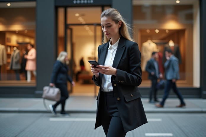 Jeune femme élégante dans la rue avec une veste de designer