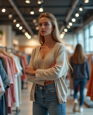 Jeune femme dans un magasin de vêtements tendance