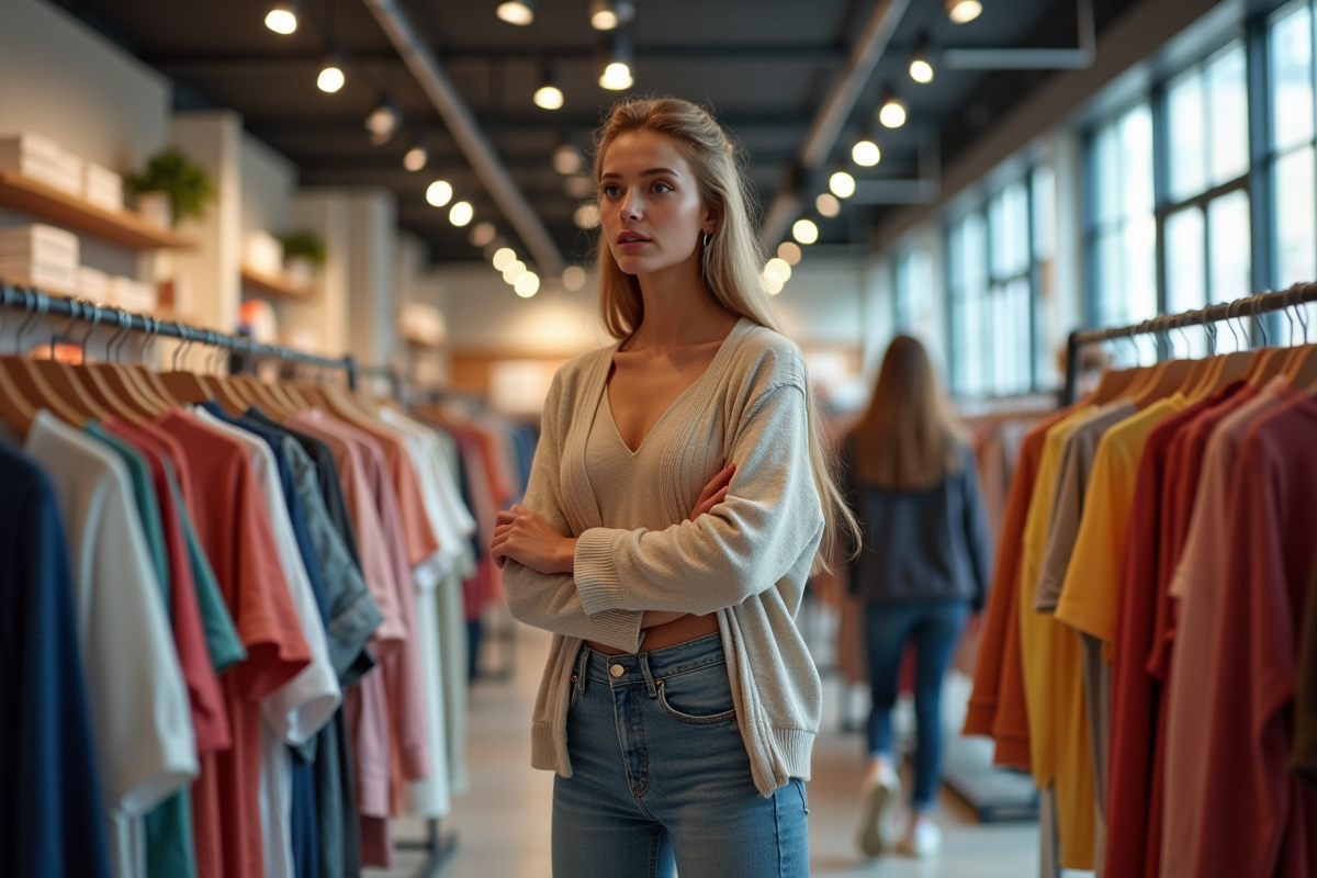 Jeune femme dans un magasin de vêtements tendance