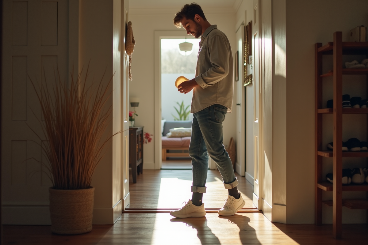 Jeune homme mettant des semelles dans ses baskets chez lui