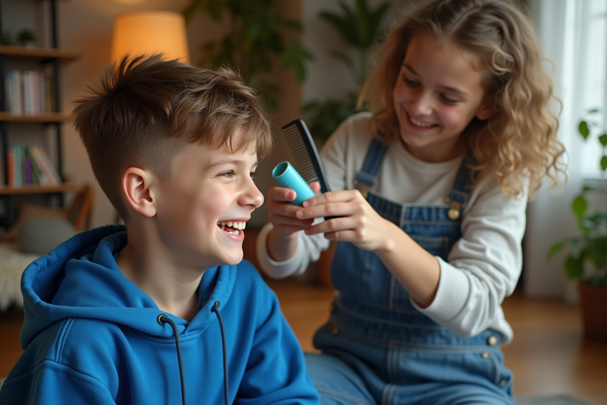 Ami coiffant un garçon avec gel dans un salon chaleureux