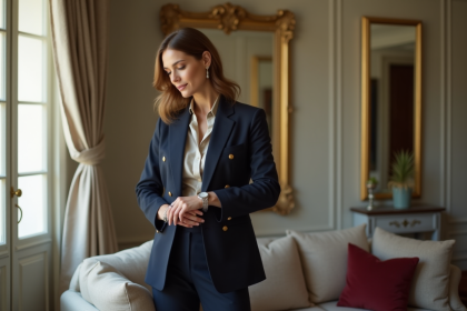 Femme élégante ajustant sa montre dans un appartement parisien