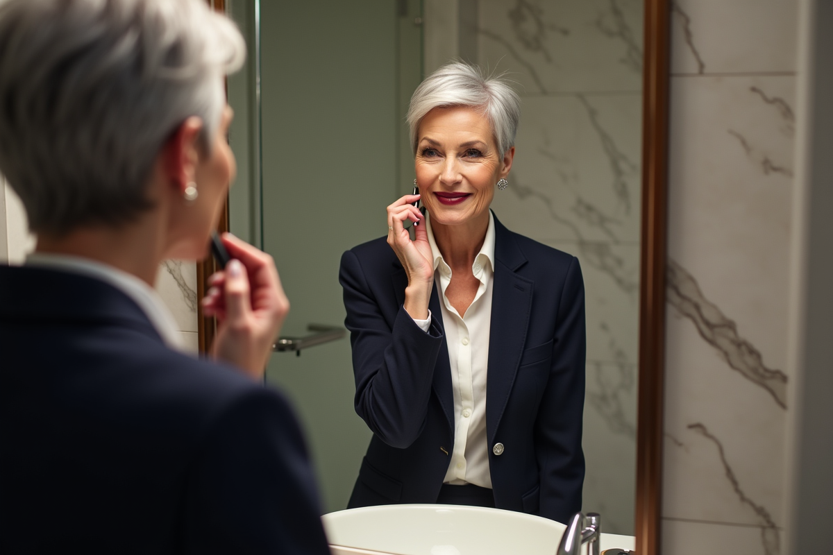 Femme élégante appliquant rouge à lèvres bordeaux dans salle de bain