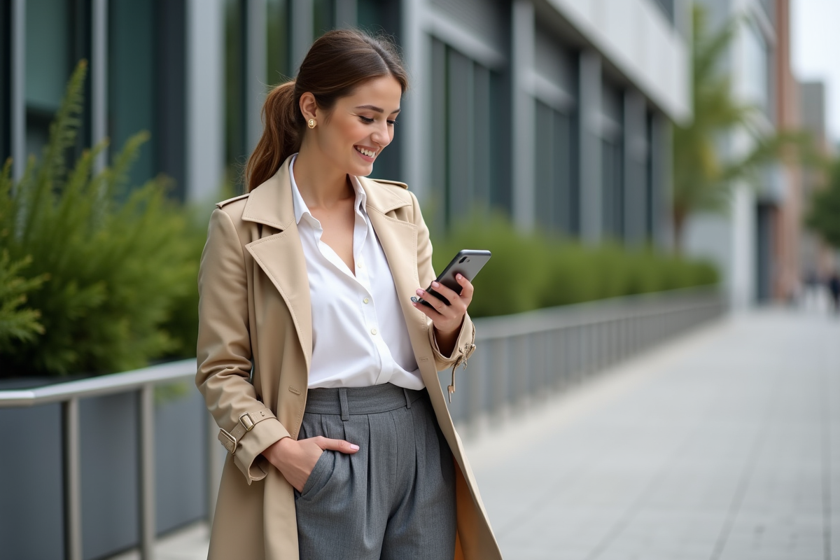 Femme élégante en trench sand coloré dans la ville