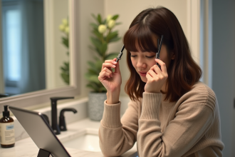 Femme coiffant ses bangs dans sa salle de bain moderne