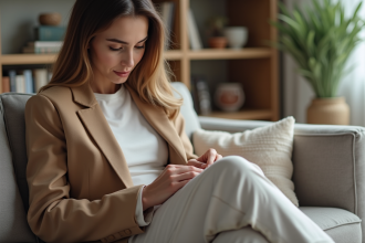 Femme inspectant un ourlet de vêtement en intérieur lumineux