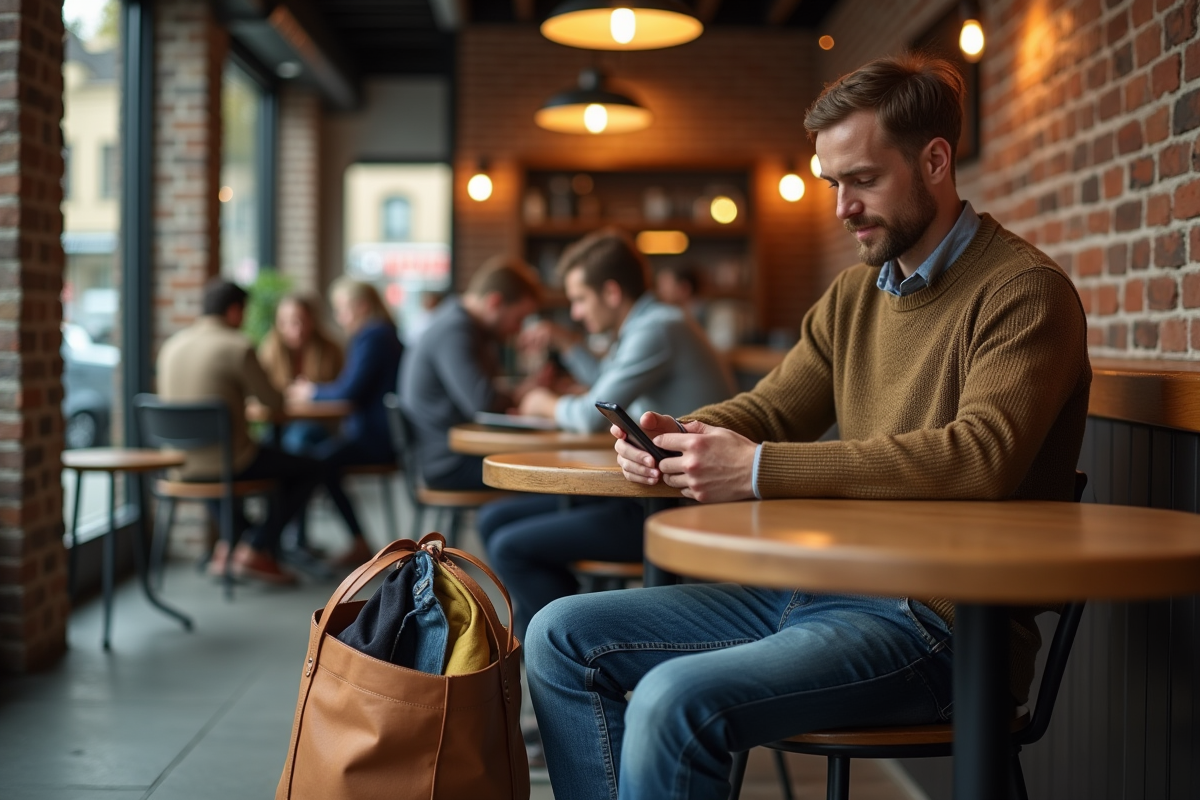 Homme dans un café avec sac de vêtements preloved