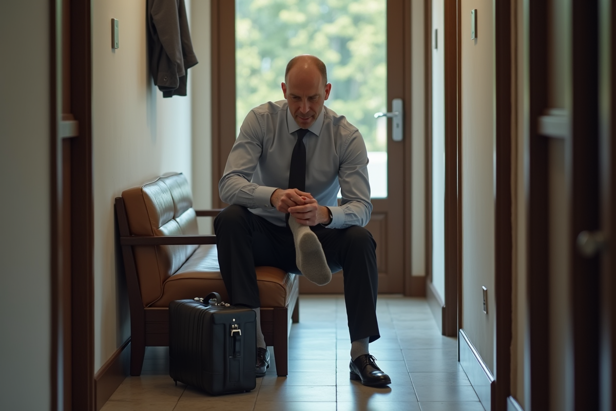 Homme en costume ajuste ses chaussettes dans l