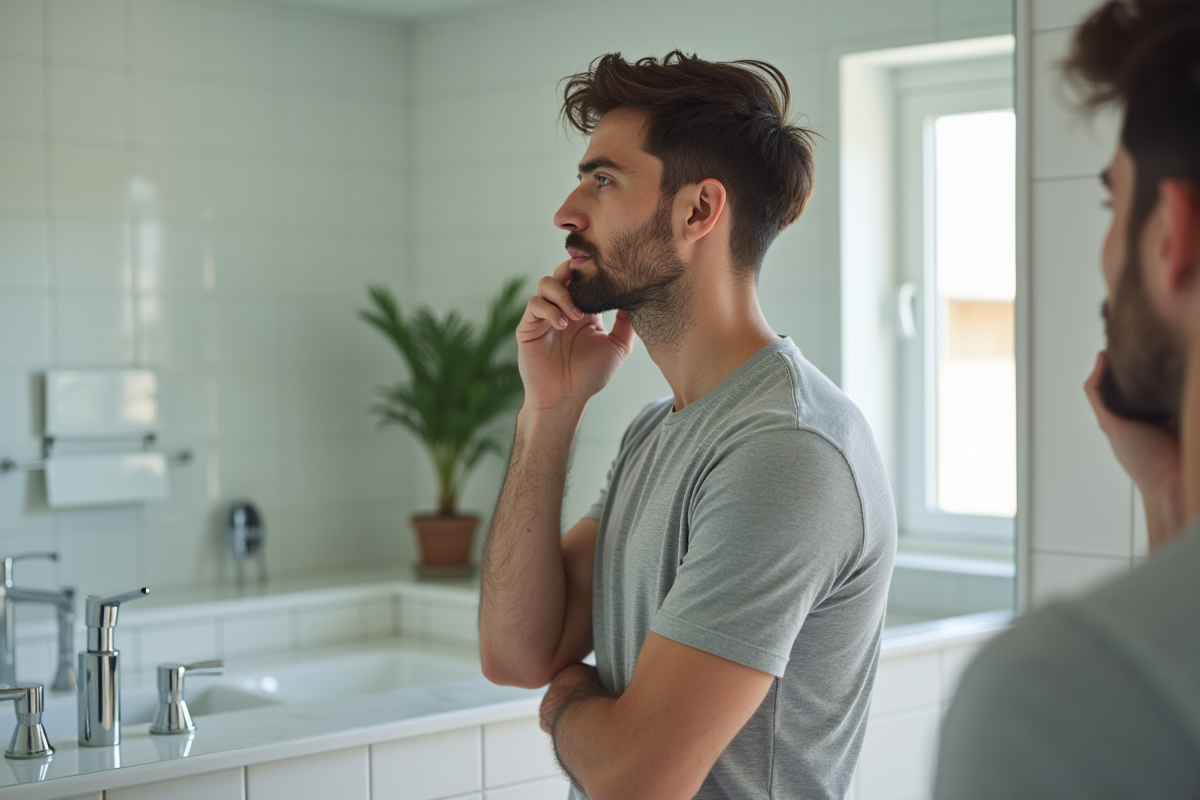 Homme examinant sa mâchoire dans une salle de bain moderne