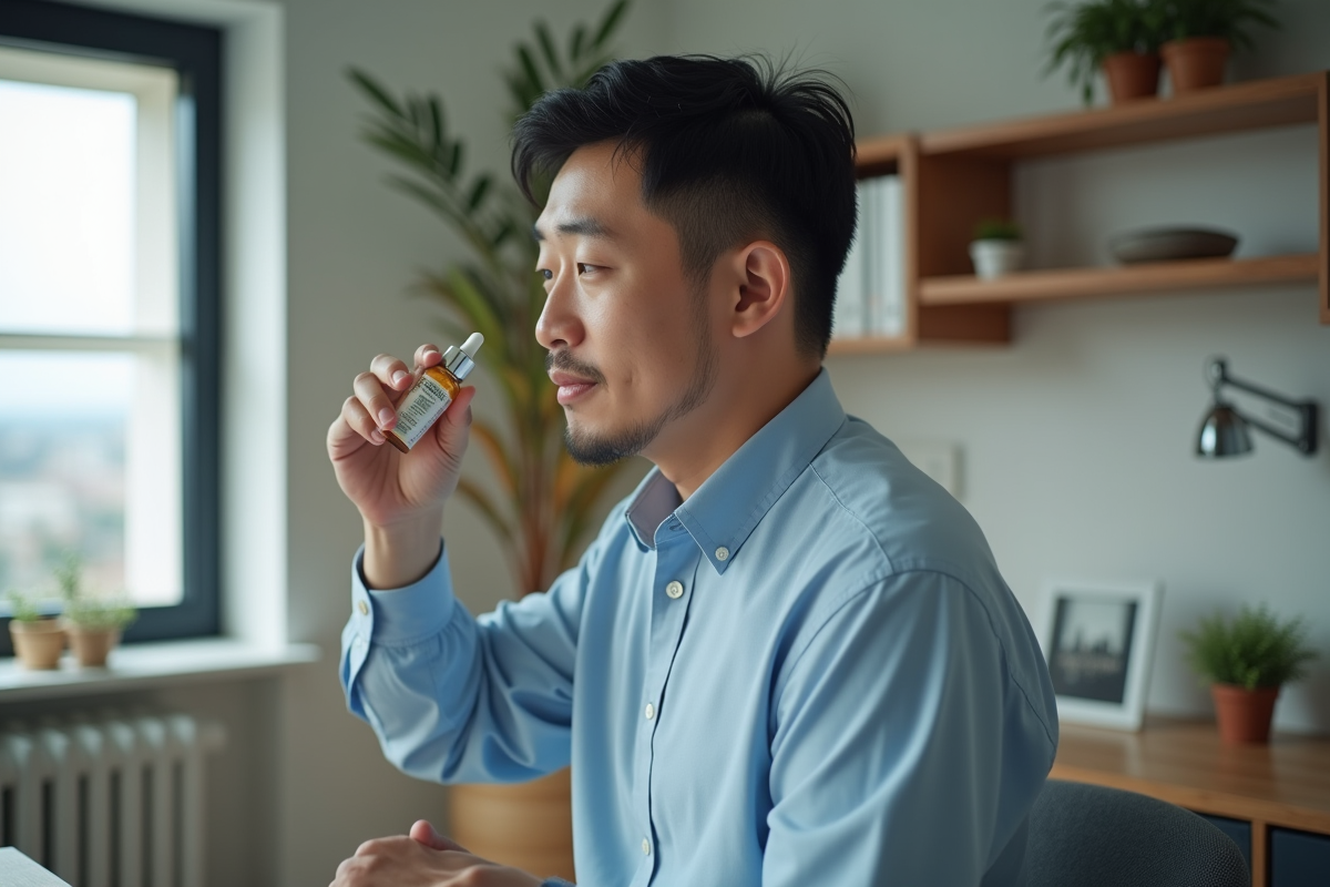 Homme asiatique appliquant un serum dans son bureau à domicile