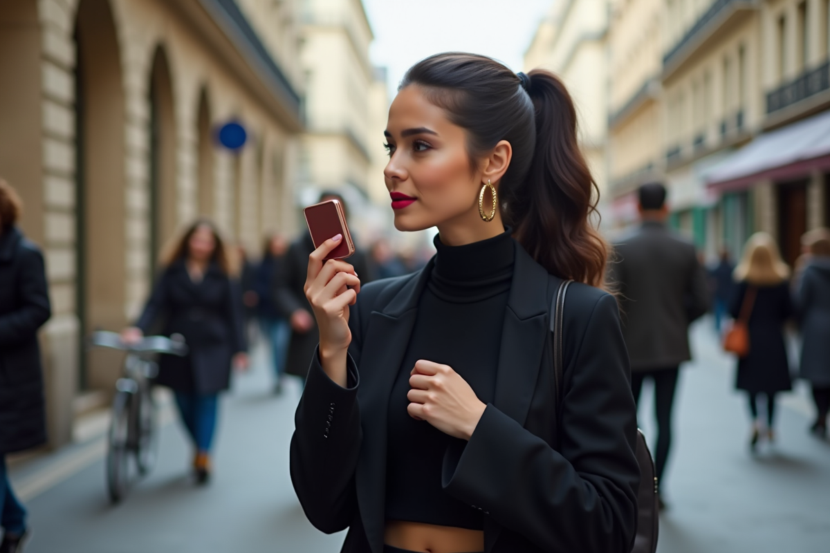 Jeune femme dans rue parisienne touchant son rouge à lèvres foncé