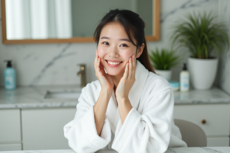 Jeune femme asiatique souriante en peignoir blanc dans sa salle de bain