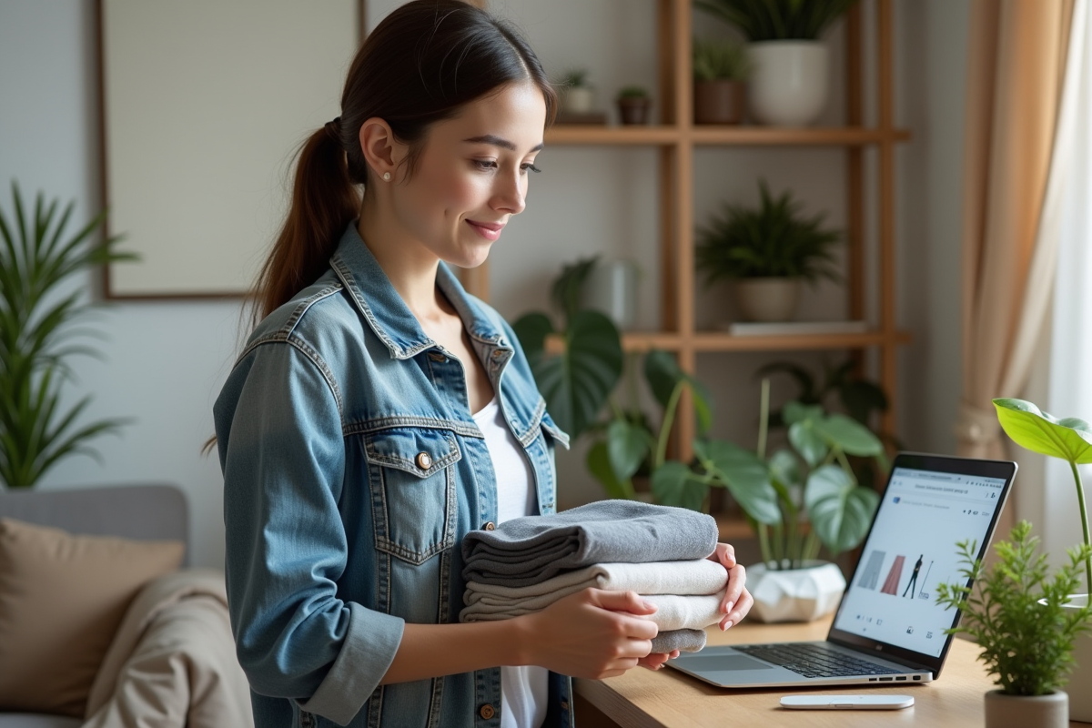 Jeune femme avec vêtements d'occasion dans un appartement lumineux