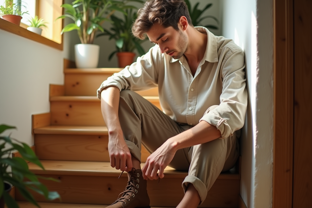 Jeune homme assis dans un intérieur en train de lacer ses chaussures