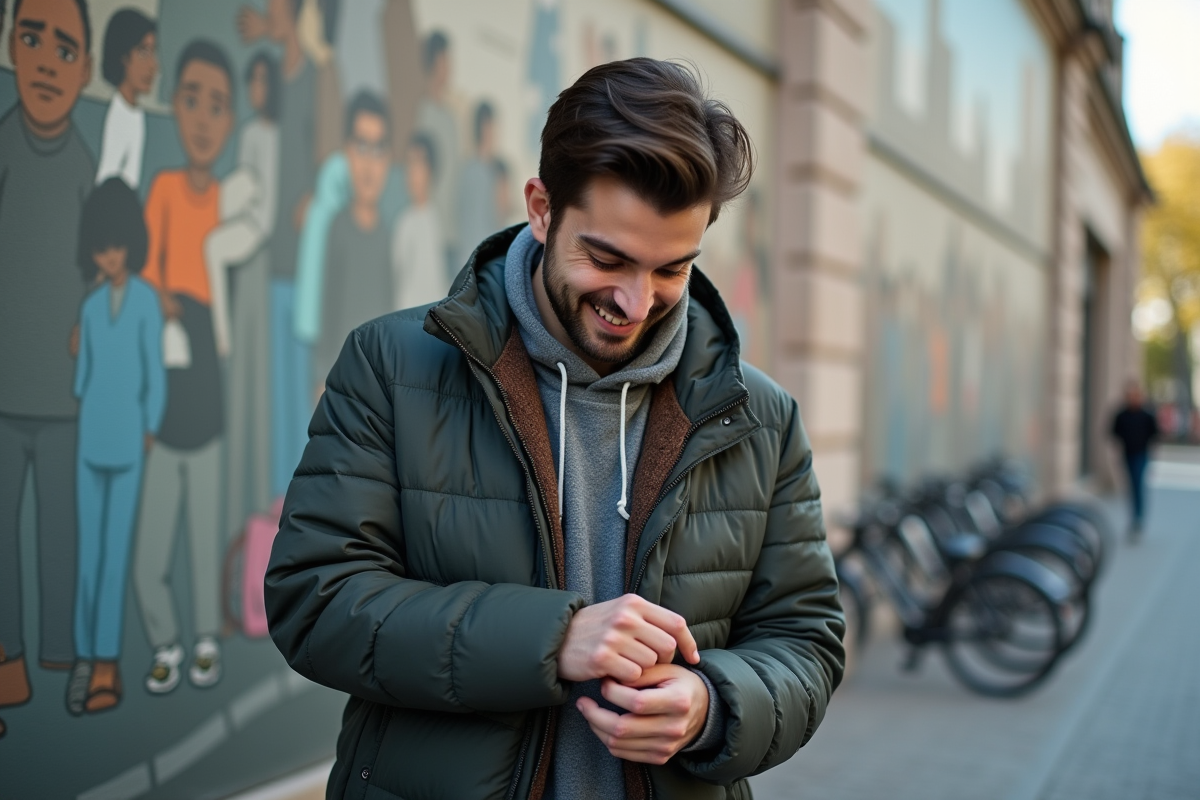 Jeune homme vérifiant la couture de sa manche en extérieur