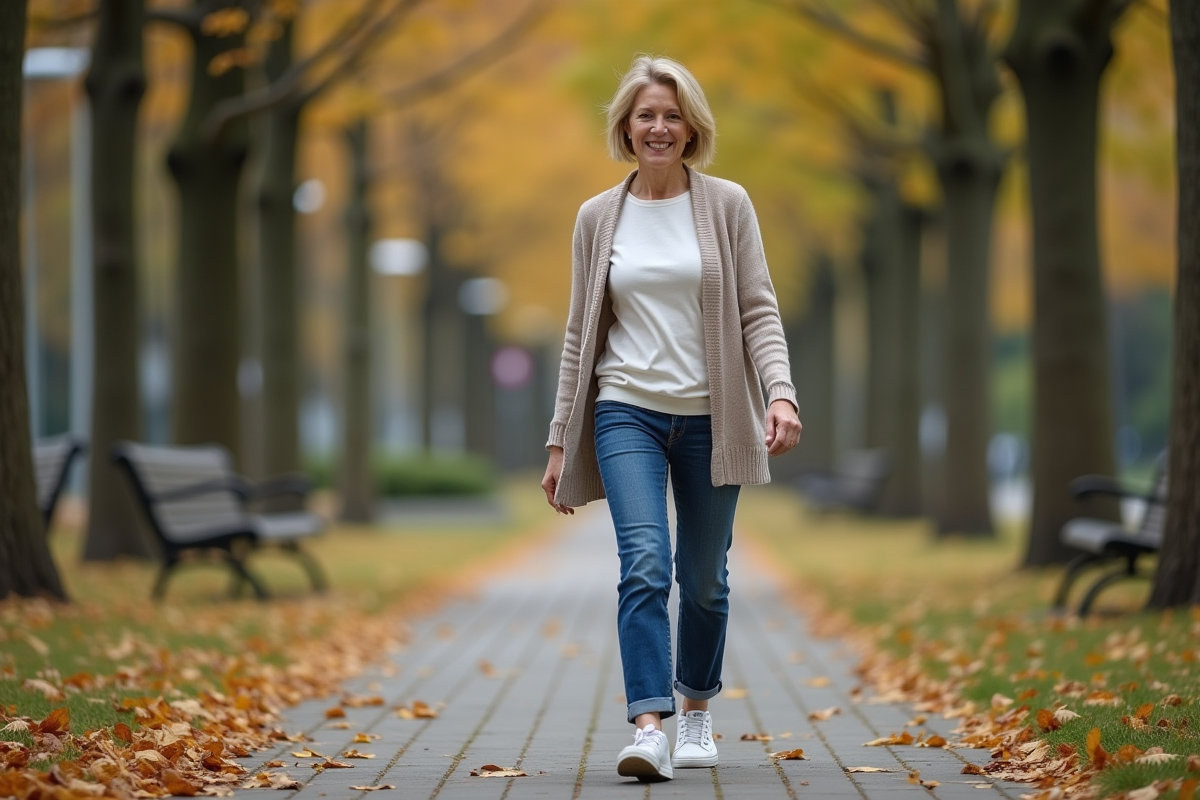 Femme d'âge moyen marchant dans un parc en automne