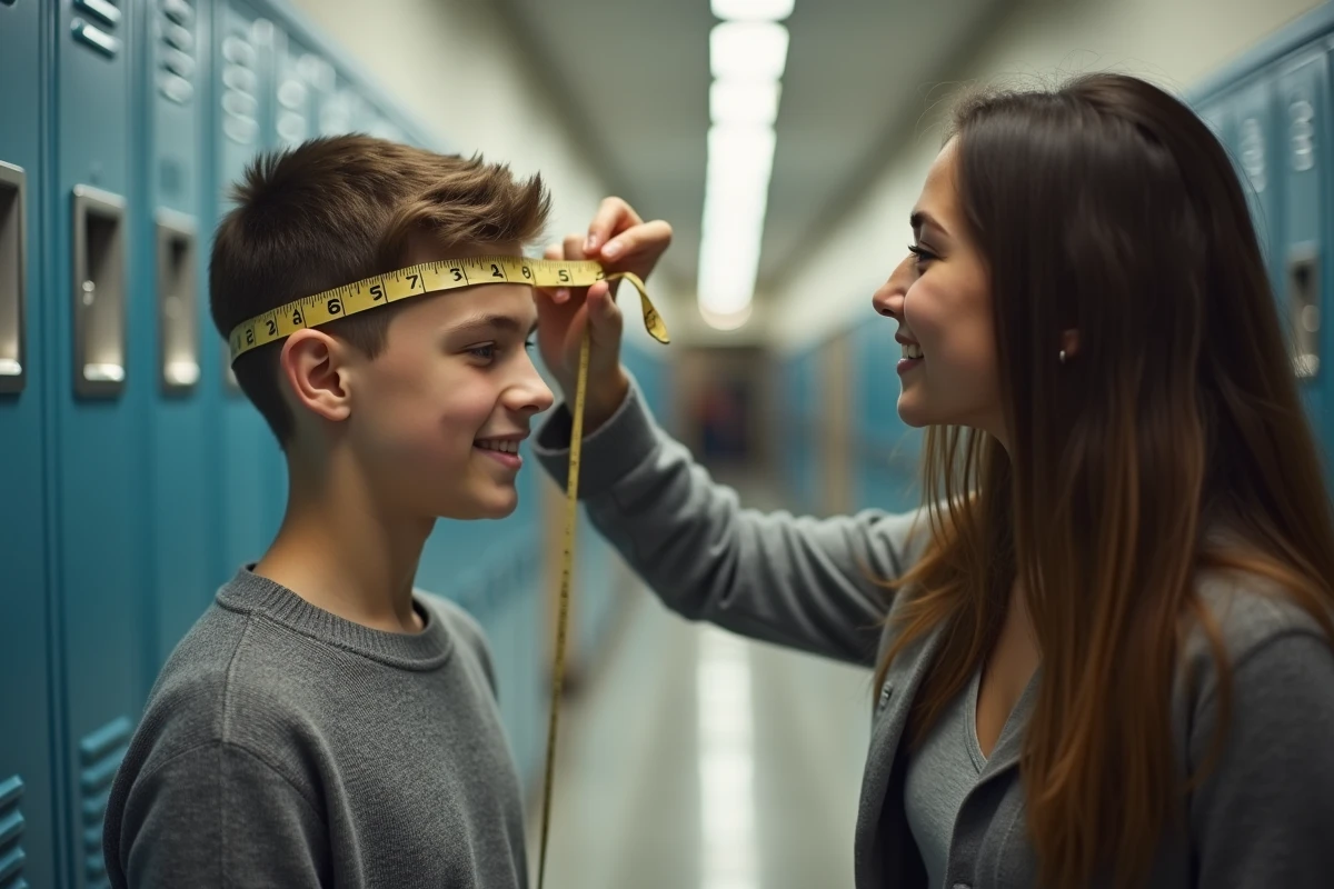 Adolescent mesurant sa tête avec un ami dans un couloir d