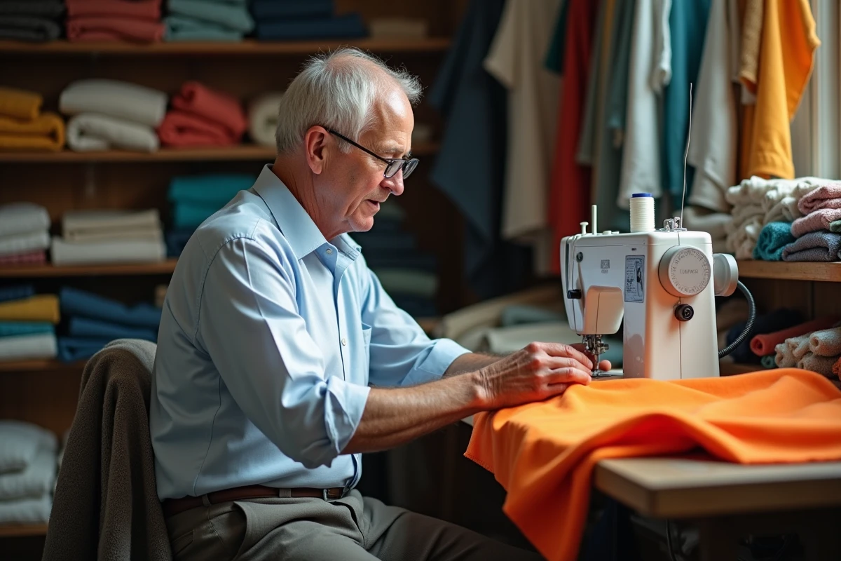 Homme âgé cousant un vêtement dans un atelier textile