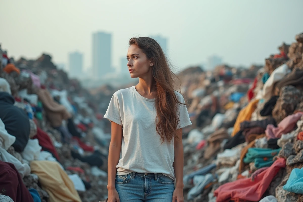 Jeune femme devant tas de déchets textiles en décharge