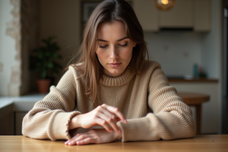 Femme en sweater beige ajustant une bague en argent