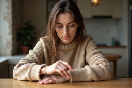 Femme en sweater beige ajustant une bague en argent