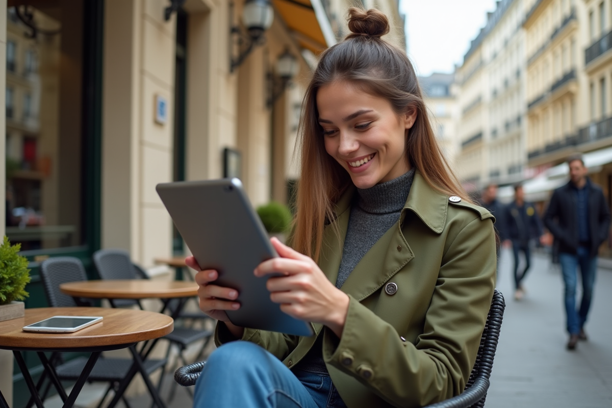 Femme jeune analyse un style de barbe à Paris en terrasse