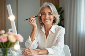 Femme élégante appliquant un maquillage naturel dans sa chambre
